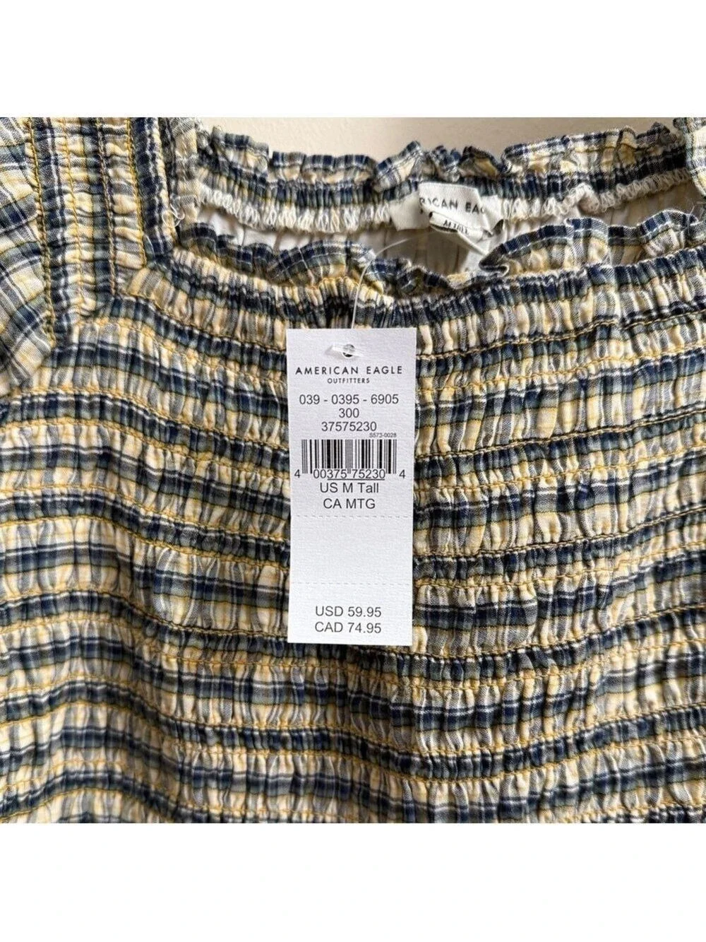 AE Plaid Ruched Long-Sleeve Checked Ruffle Smocked Mini Dress Size M Tall NWT